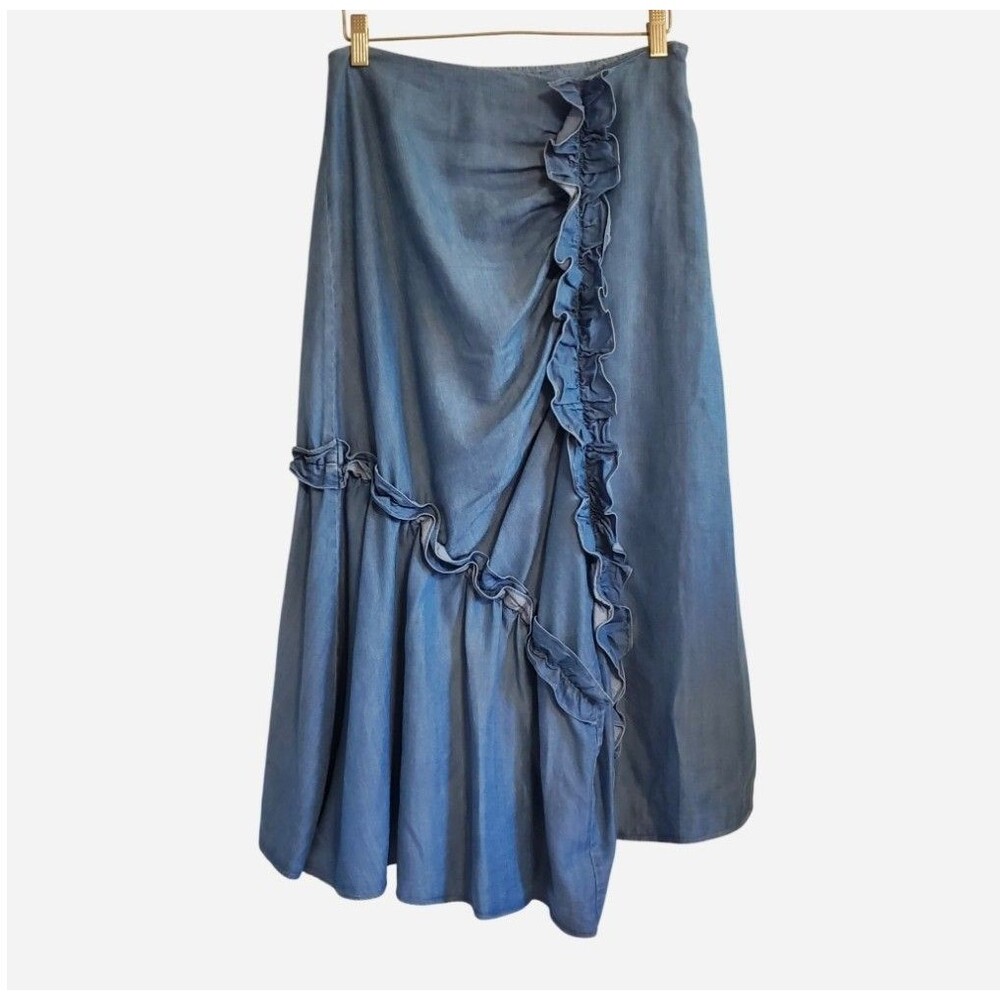 Chelsea28 Ruffle Gathered Midi Skirt Chambray Size S Boho Country Cottage Fairy - Picture 2 of 9